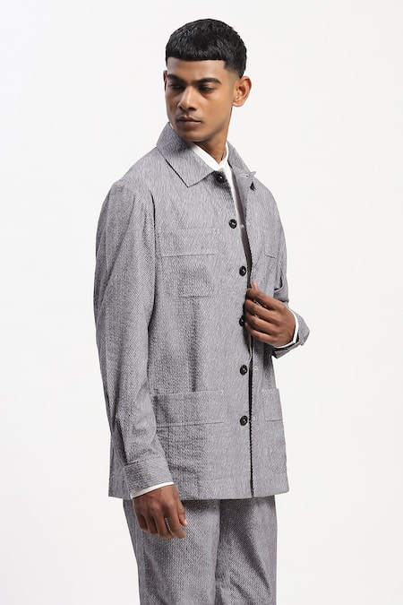 Abraham And Thakore Black Cotton Diagonal Print Jacket Online at Aza Fashions Abraham And Thakore_Black Cotton Diagonal Print Jacket _Online_at_Aza_Fashions