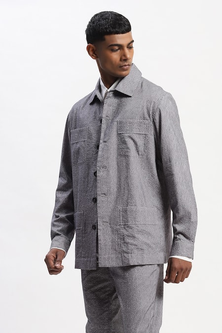 Buy Abraham And Thakore Black Cotton Diagonal Print Jacket Online at Aza Fashions Buy_Abraham And Thakore_Black Cotton Diagonal Print Jacket _Online_at_Aza_Fashions