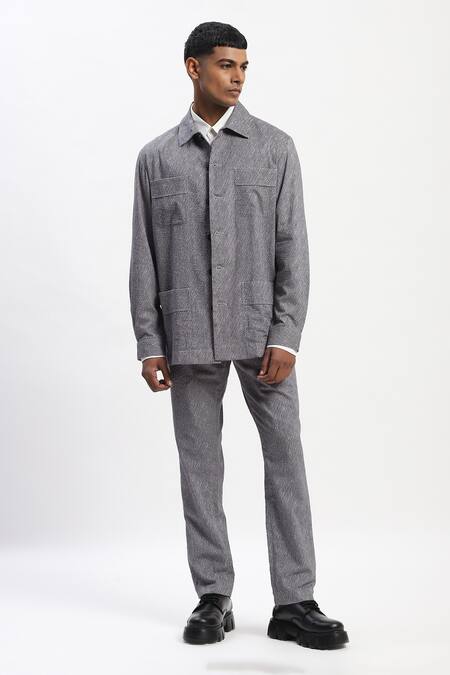 Shop Abraham And Thakore Black Cotton Diagonal Print Jacket Online at Aza Fashions Shop_Abraham And Thakore_Black Cotton Diagonal Print Jacket _Online_at_Aza_Fashions