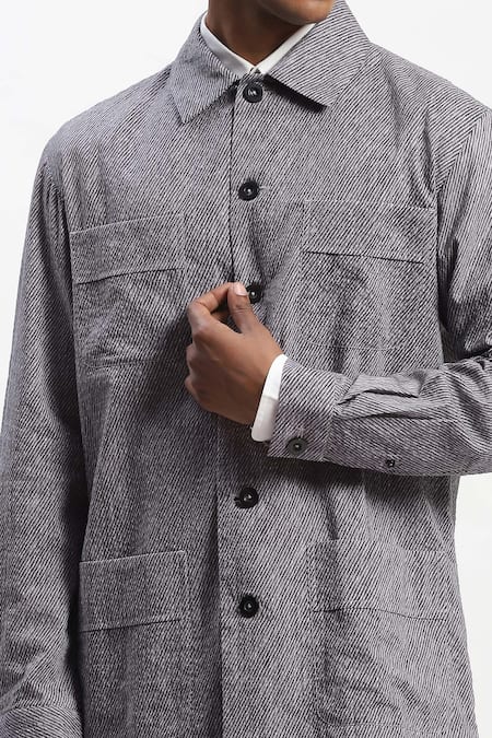 Abraham And Thakore Black Cotton Diagonal Print Jacket at Aza Fashions Abraham And Thakore_Black Cotton Diagonal Print Jacket _at_Aza_Fashions