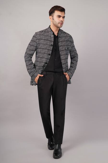 Abraham And Thakore Black Gabardine Broken Rows Jacket Online at Aza Fashions Abraham And Thakore_Black Gabardine Broken Rows Jacket _Online_at_Aza_Fashions