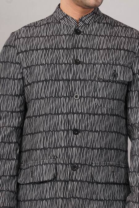 Abraham And Thakore Black Gabardine Broken Rows Jacket at Aza Fashions Abraham And Thakore_Black Gabardine Broken Rows Jacket _at_Aza_Fashions