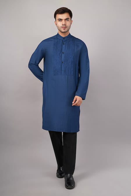 Abraham And Thakore Blue Linen Cutwork Yoke Kurta Online at Aza Fashions Abraham And Thakore_Blue Linen Cutwork Yoke Kurta _Online_at_Aza_Fashions