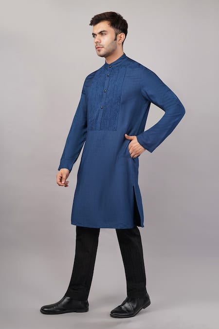 Shop Abraham And Thakore Blue Linen Cutwork Yoke Kurta Online at Aza Fashions Shop_Abraham And Thakore_Blue Linen Cutwork Yoke Kurta _Online_at_Aza_Fashions