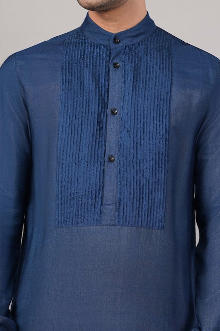 Abraham And Thakore Blue Linen Cutwork Yoke Kurta at Aza Fashions Abraham And Thakore_Blue Linen Cutwork Yoke Kurta _at_Aza_Fashions