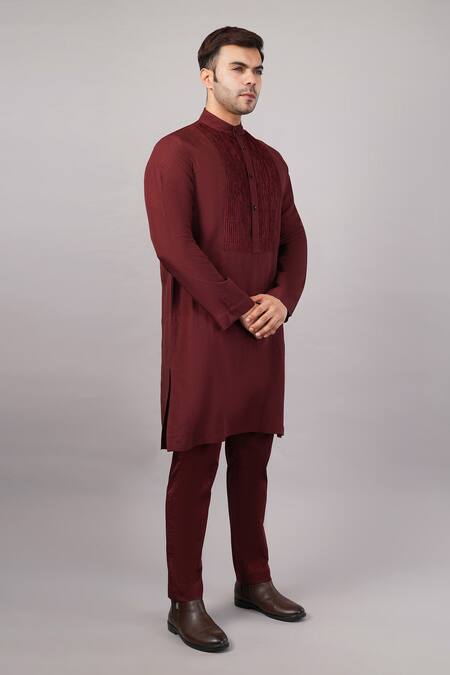 Abraham And Thakore Maroon Linen Cut Work Yoke Kurta Online at Aza Fashions Abraham And Thakore_Maroon Linen Cut Work Yoke Kurta _Online_at_Aza_Fashions