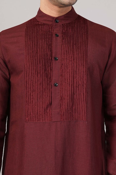 Abraham And Thakore Maroon Linen Cut Work Yoke Kurta at Aza Fashions Abraham And Thakore_Maroon Linen Cut Work Yoke Kurta _at_Aza_Fashions