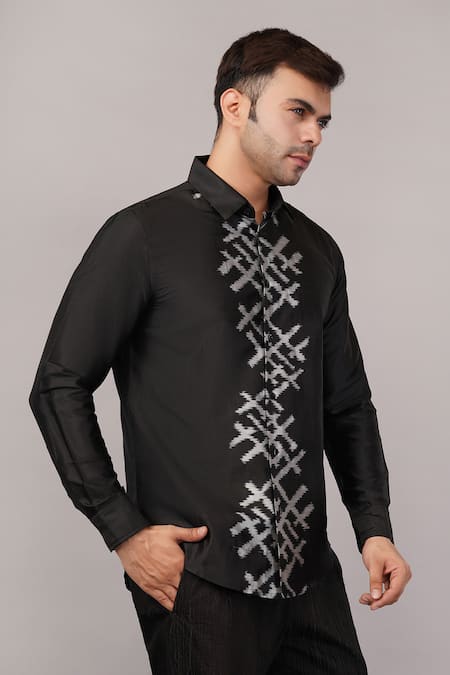 Shop Abraham And Thakore Black Silk Lattice Ikat Shirt Online at Aza Fashions Shop_Abraham And Thakore_Black Silk Lattice Ikat Shirt _Online_at_Aza_Fashions