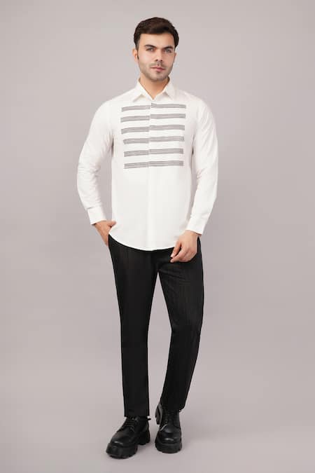 Abraham And Thakore_Ivory Poplin Stripe Yoke Shirt _Online_at_Aza_Fashions