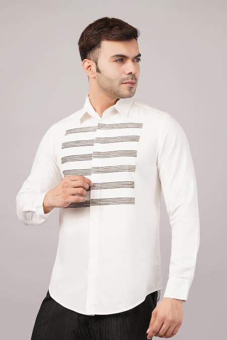 Buy_Abraham And Thakore_Ivory Poplin Stripe Yoke Shirt _Online_at_Aza_Fashions