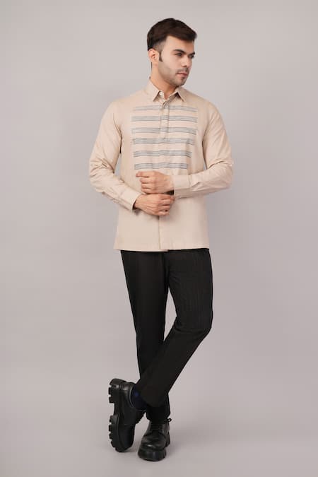 Abraham And Thakore Beige Poplin Stripe Yoke Shirt Online at Aza Fashions Abraham And Thakore_Beige Poplin Stripe Yoke Shirt _Online_at_Aza_Fashions