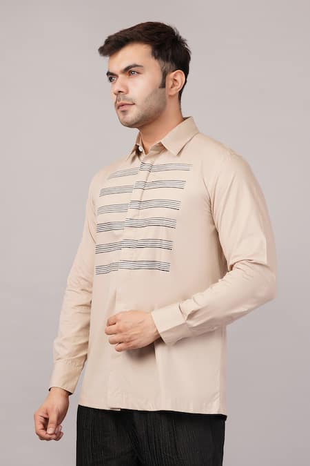 Shop Abraham And Thakore Beige Poplin Stripe Yoke Shirt Online at Aza Fashions Shop_Abraham And Thakore_Beige Poplin Stripe Yoke Shirt _Online_at_Aza_Fashions
