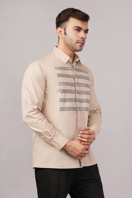 Abraham And Thakore Beige Poplin Stripe Yoke Shirt at Aza Fashions Abraham And Thakore_Beige Poplin Stripe Yoke Shirt _at_Aza_Fashions