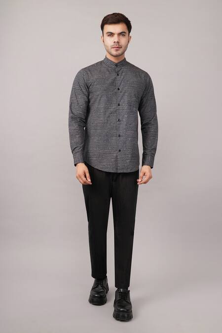 Abraham And Thakore Black Poplin Small Dash Pattern Shirt Online at Aza Fashions Abraham And Thakore_Black Poplin Small Dash Pattern Shirt _Online_at_Aza_Fashions