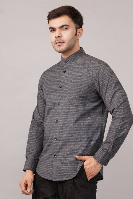 Shop Abraham And Thakore Black Poplin Small Dash Pattern Shirt Online at Aza Fashions Shop_Abraham And Thakore_Black Poplin Small Dash Pattern Shirt _Online_at_Aza_Fashions