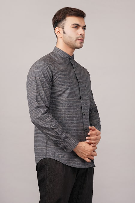 Abraham And Thakore Black Poplin Small Dash Pattern Shirt at Aza Fashions Abraham And Thakore_Black Poplin Small Dash Pattern Shirt _at_Aza_Fashions