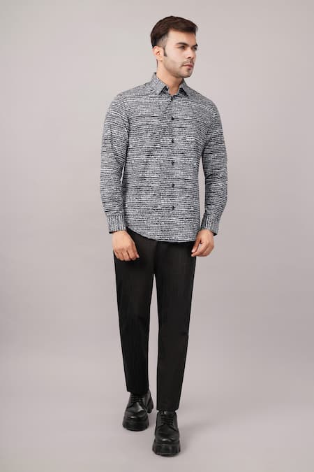 Abraham And Thakore Black Poplin Small Dash Pattern Shirt Online at Aza Fashions Abraham And Thakore_Black Poplin Small Dash Pattern Shirt _Online_at_Aza_Fashions