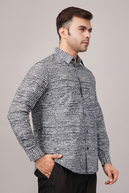 Shop Abraham And Thakore Black Poplin Small Dash Pattern Shirt Online at Aza Fashions Shop_Abraham And Thakore_Black Poplin Small Dash Pattern Shirt _Online_at_Aza_Fashions