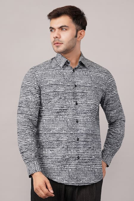 Abraham And Thakore Black Poplin Small Dash Pattern Shirt at Aza Fashions Abraham And Thakore_Black Poplin Small Dash Pattern Shirt _at_Aza_Fashions
