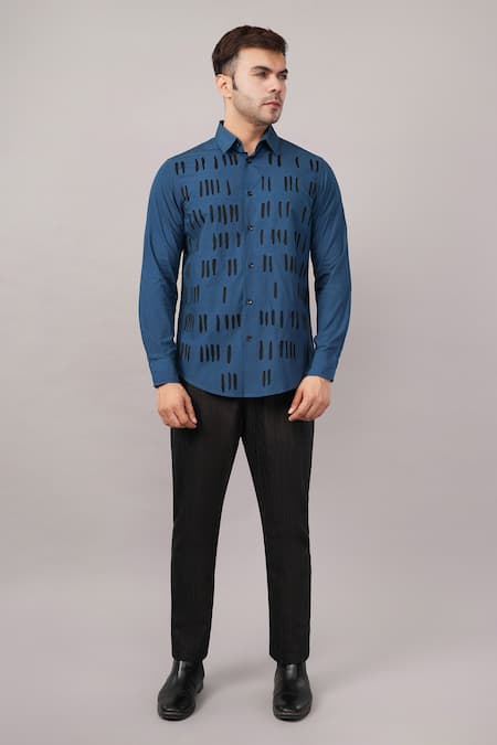 Shop Abraham And Thakore Blue Poplin Dash Pattern Shirt Online at Aza Fashions Shop_Abraham And Thakore_Blue Poplin Dash Pattern Shirt _Online_at_Aza_Fashions