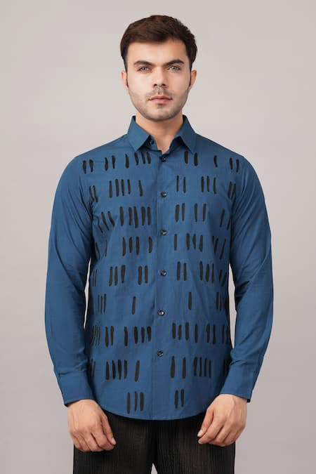 Abraham And Thakore Blue Poplin Dash Pattern Shirt at Aza Fashions Abraham And Thakore_Blue Poplin Dash Pattern Shirt _at_Aza_Fashions