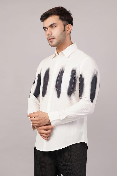 Abraham And Thakore_Ivory Poplin Brushstroke Pattern Shirt _Online_at_Aza_Fashions
