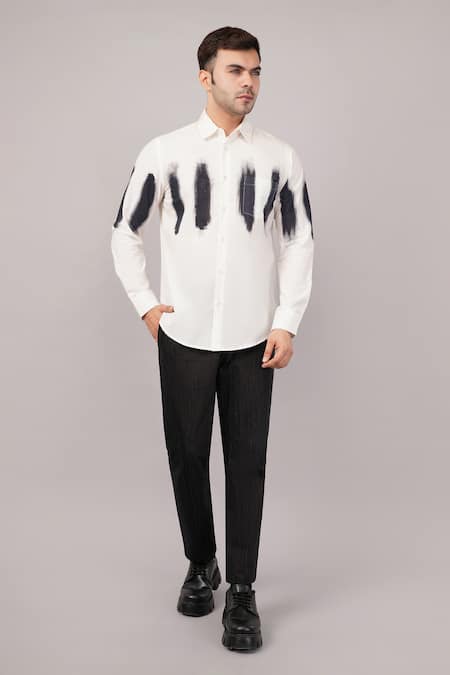 Abraham And Thakore_Ivory Poplin Brushstroke Pattern Shirt _at_Aza_Fashions