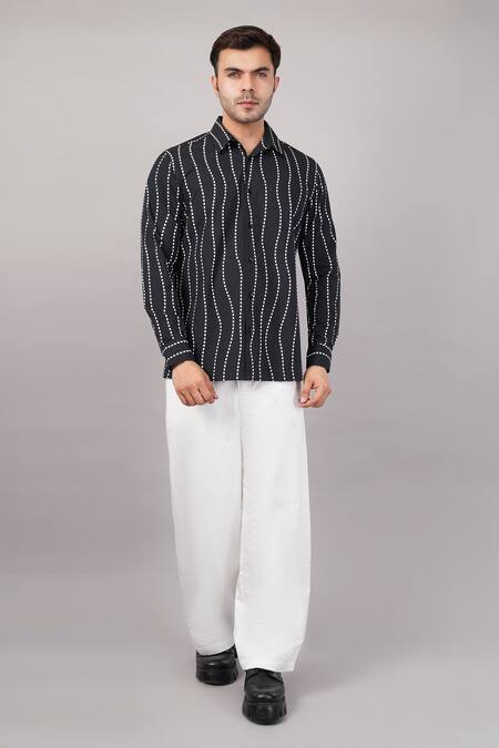 Abraham And Thakore_Black Poplin Crazy Dash Stripes Pattern Shirt _Online_at_Aza_Fashions