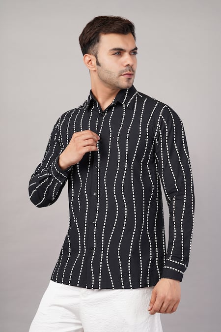 Buy_Abraham And Thakore_Black Poplin Crazy Dash Stripes Pattern Shirt _Online_at_Aza_Fashions