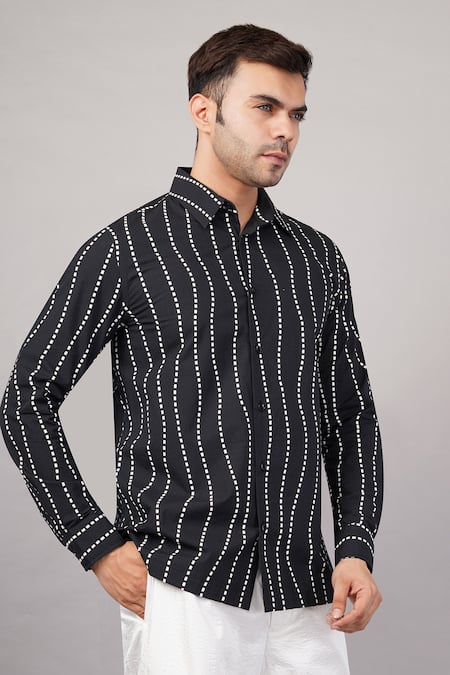 Shop_Abraham And Thakore_Black Poplin Crazy Dash Stripes Pattern Shirt _Online_at_Aza_Fashions