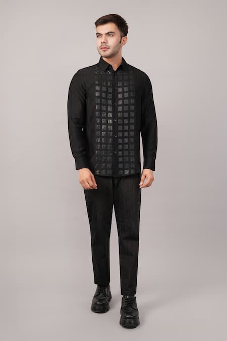 Abraham And Thakore Black Silk Applique Foil Shirt Online at Aza Fashions Abraham And Thakore_Black Silk Applique Foil Shirt _Online_at_Aza_Fashions