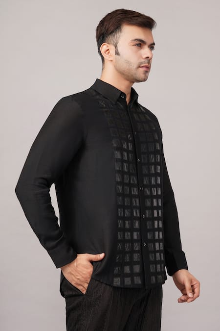 Buy Abraham And Thakore Black Silk Applique Foil Shirt Online at Aza Fashions Buy_Abraham And Thakore_Black Silk Applique Foil Shirt _Online_at_Aza_Fashions