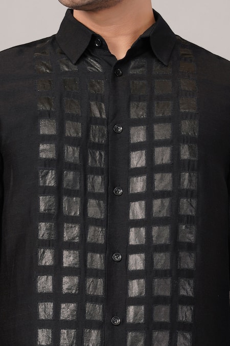 Shop Abraham And Thakore Black Silk Applique Foil Shirt Online at Aza Fashions Shop_Abraham And Thakore_Black Silk Applique Foil Shirt _Online_at_Aza_Fashions