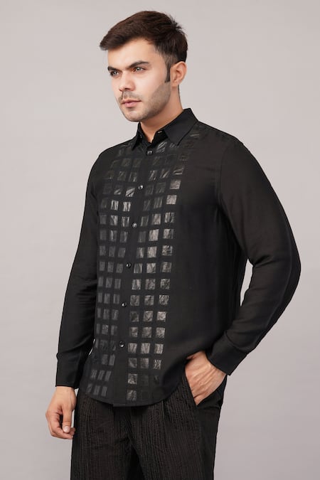 Abraham And Thakore Black Silk Applique Foil Shirt at Aza Fashions Abraham And Thakore_Black Silk Applique Foil Shirt _at_Aza_Fashions