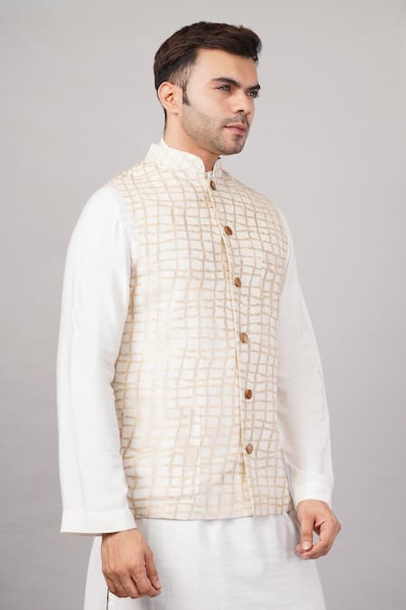 Shop Abraham And Thakore Ivory Silk, Cotton Lattice Brocade Bundi Online at Aza Fashions Shop_Abraham And Thakore_Ivory Silk, Cotton Lattice Brocade Bundi _Online_at_Aza_Fashions