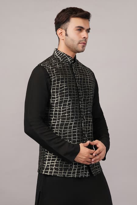 Abraham And Thakore Black Silk, Cotton Lattice Brocade Bundi Online at Aza Fashions Abraham And Thakore_Black Silk, Cotton Lattice Brocade Bundi _Online_at_Aza_Fashions