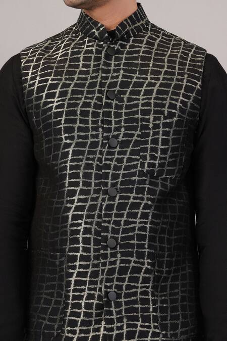 Shop Abraham And Thakore Black Silk, Cotton Lattice Brocade Bundi Online at Aza Fashions Shop_Abraham And Thakore_Black Silk, Cotton Lattice Brocade Bundi _Online_at_Aza_Fashions