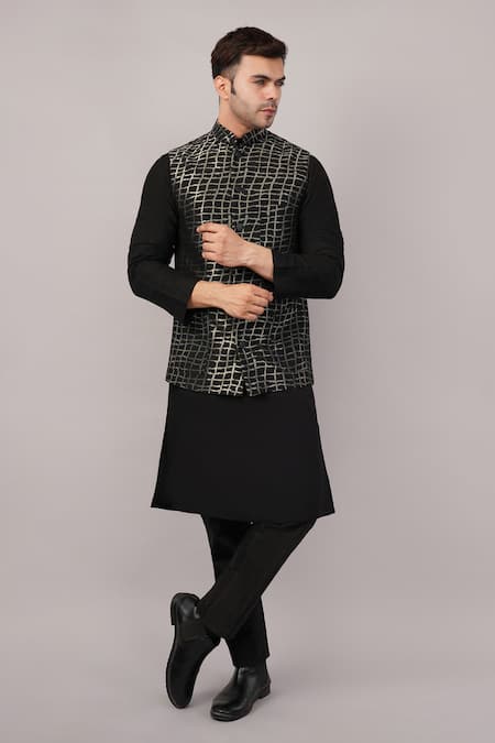 Abraham And Thakore Black Silk, Cotton Lattice Brocade Bundi at Aza Fashions Abraham And Thakore_Black Silk, Cotton Lattice Brocade Bundi _at_Aza_Fashions