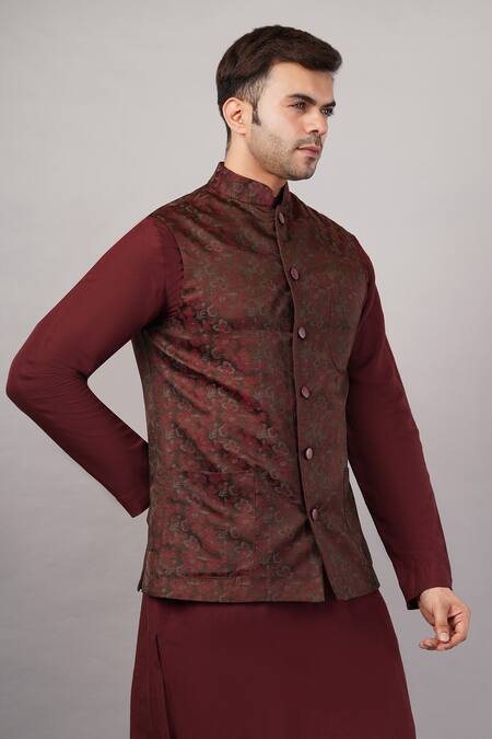 Shop_Abraham And Thakore_Maroon Silk Tanchoi Floral Pattern Bundi _Online_at_Aza_Fashions