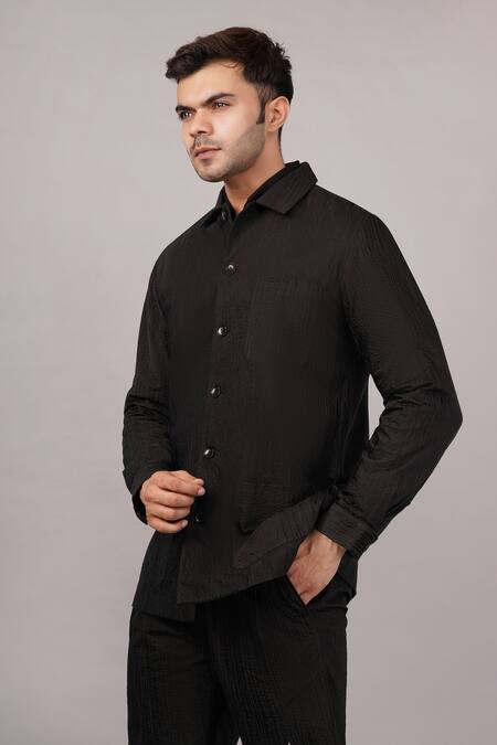 Abraham And Thakore_Black Viscose, Satin Crazy Quilt Jacket _Online_at_Aza_Fashions