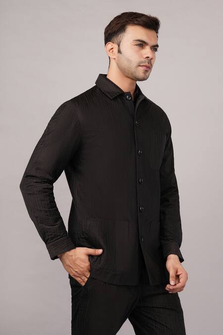 Buy_Abraham And Thakore_Black Viscose, Satin Crazy Quilt Jacket _Online_at_Aza_Fashions