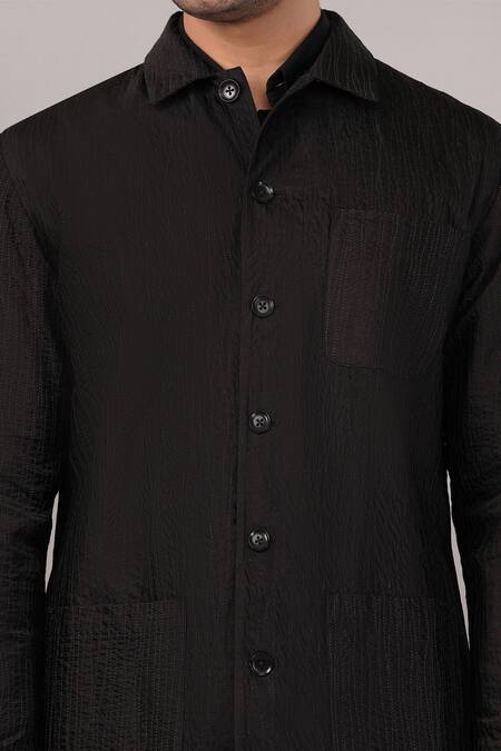 Abraham And Thakore_Black Viscose, Satin Crazy Quilt Jacket _at_Aza_Fashions