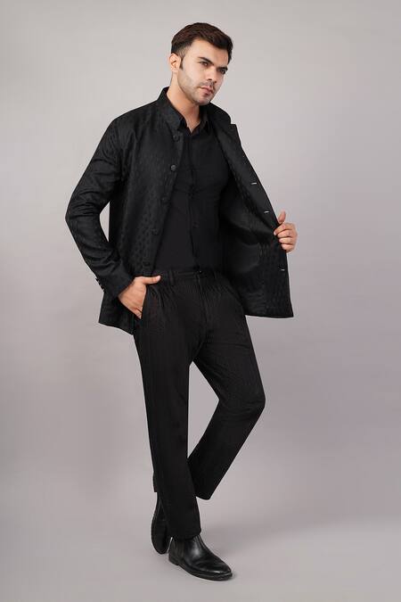 Abraham And Thakore_Black Silk Tanchoi Jali Jacket _Online_at_Aza_Fashions