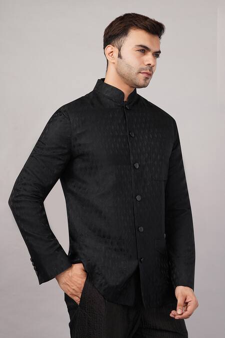 Buy_Abraham And Thakore_Black Silk Tanchoi Jali Jacket _Online_at_Aza_Fashions