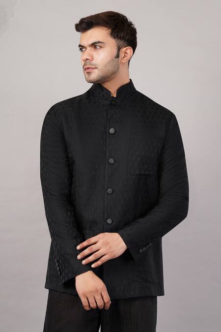 Shop_Abraham And Thakore_Black Silk Tanchoi Jali Jacket _Online_at_Aza_Fashions