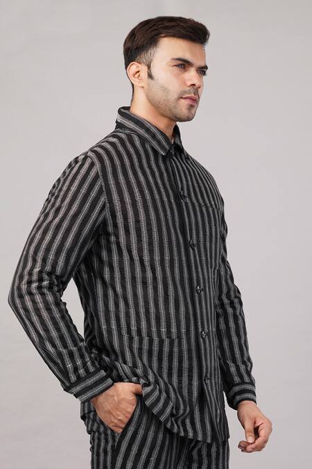 Abraham And Thakore Black Cotton, Viscose Stair Stripe Pattern Jacket Online at Aza Fashions Abraham And Thakore_Black Cotton, Viscose Stair Stripe Pattern Jacket _Online_at_Aza_Fashions