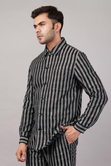 Shop Abraham And Thakore Black Cotton, Viscose Stair Stripe Pattern Jacket Online at Aza Fashions Shop_Abraham And Thakore_Black Cotton, Viscose Stair Stripe Pattern Jacket _Online_at_Aza_Fashions