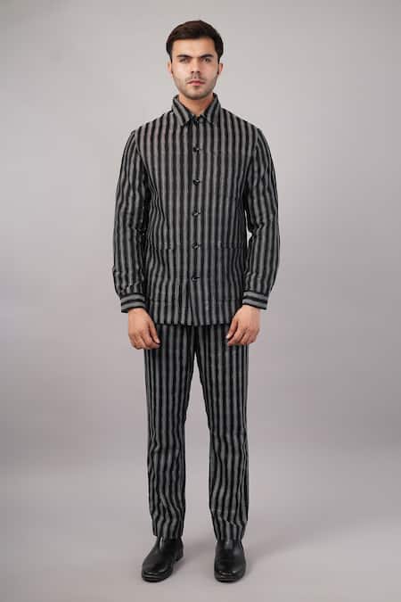 Abraham And Thakore Black Cotton, Viscose Stair Stripe Pattern Jacket at Aza Fashions Abraham And Thakore_Black Cotton, Viscose Stair Stripe Pattern Jacket _at_Aza_Fashions