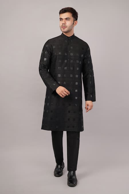 Abraham And Thakore Black Silk Applique Foil Kurta Online at Aza Fashions Abraham And Thakore_Black Silk Applique Foil Kurta _Online_at_Aza_Fashions