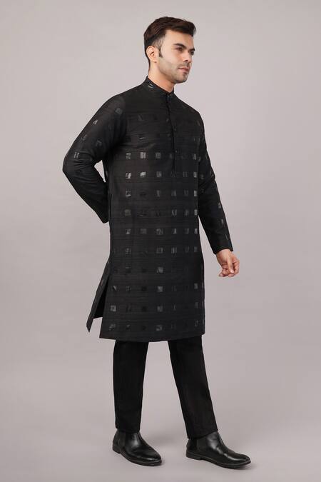 Shop Abraham And Thakore Black Silk Applique Foil Kurta Online at Aza Fashions Shop_Abraham And Thakore_Black Silk Applique Foil Kurta _Online_at_Aza_Fashions